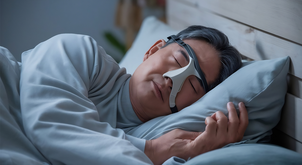 Man wearing a nasal CPAP sleep mask asleep in bed with a blue duvet and pillow behind him, resting on his side at night.
